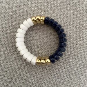 Navy & White Beaded Stretch Bracelet with Gold Accents